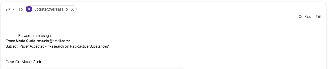 Example of forwarding the email to MeToCV for processing